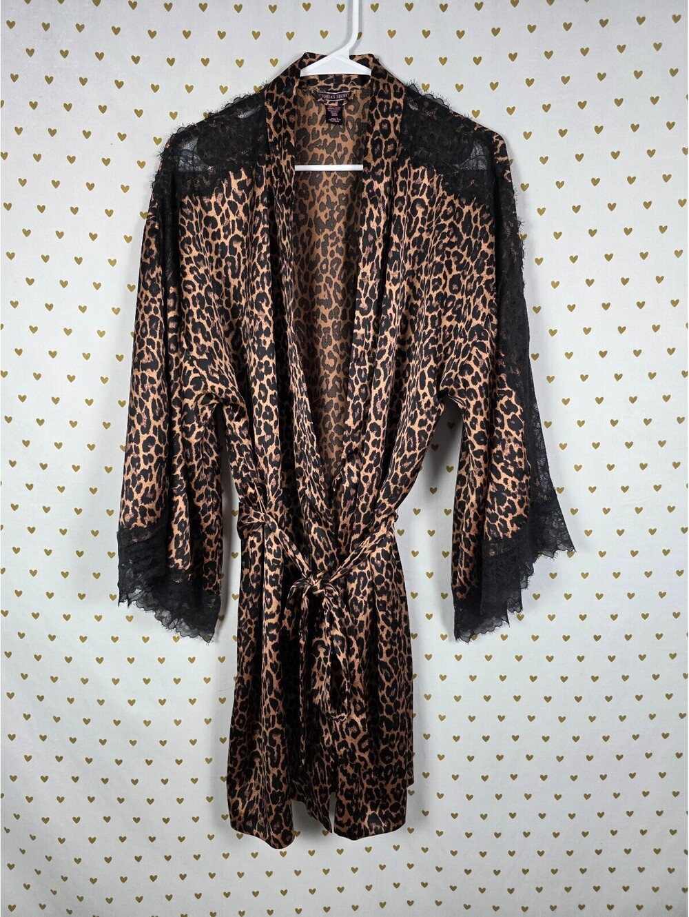 Victoria's Secret Leopard Satin Robe M/L Black Lace Kimono Animal Print